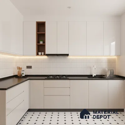 Minimalist kitchen with frosty white laminate cabinets, black granite countertop, and geometric white floor tiles in Bengaluru