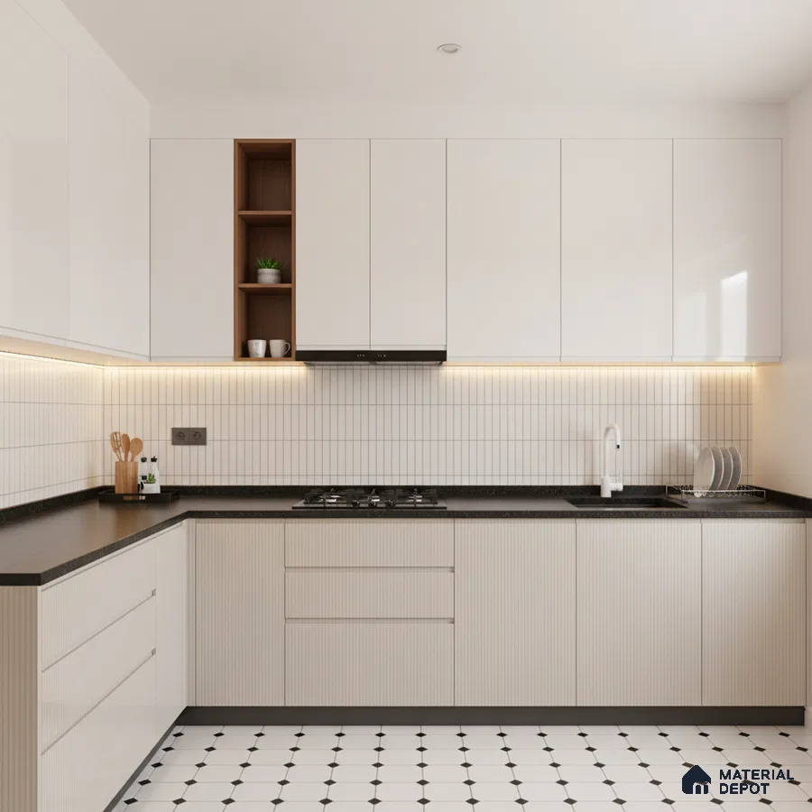 Minimalist kitchen with frosty white laminate cabinets, black granite countertop, and geometric white floor tiles in Bengaluru