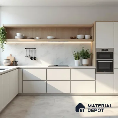 Minimalist kitchen with frosty white laminate cabinets, white marble backsplash, and light oak open shelving in Bengaluru | Material Depot
