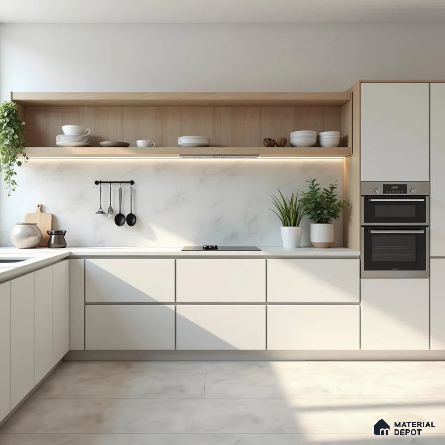 Minimalist kitchen with frosty white laminate cabinets, white marble backsplash, and light oak open shelving in Bengaluru | Material Depot