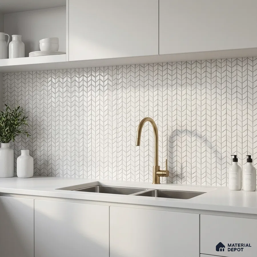 Minimalist kitchen with frosty white laminate cabinets, white quartz countertop, and chevron patterned backsplash tile