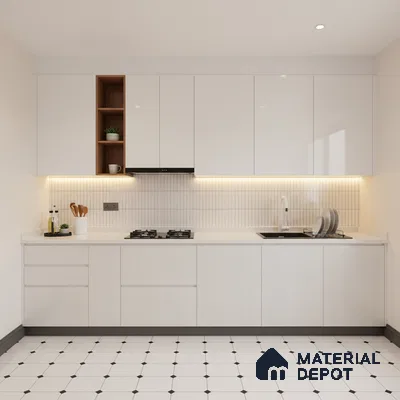 Minimalist kitchen with frosty white laminate cabinets, white quartz countertop, and geometric white floor tiles in Bengaluru