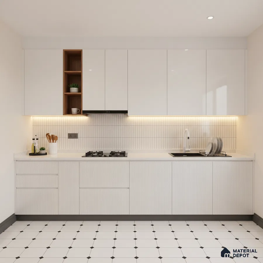 Minimalist kitchen with frosty white laminate cabinets, white quartz countertop, and geometric white floor tiles in Bengaluru