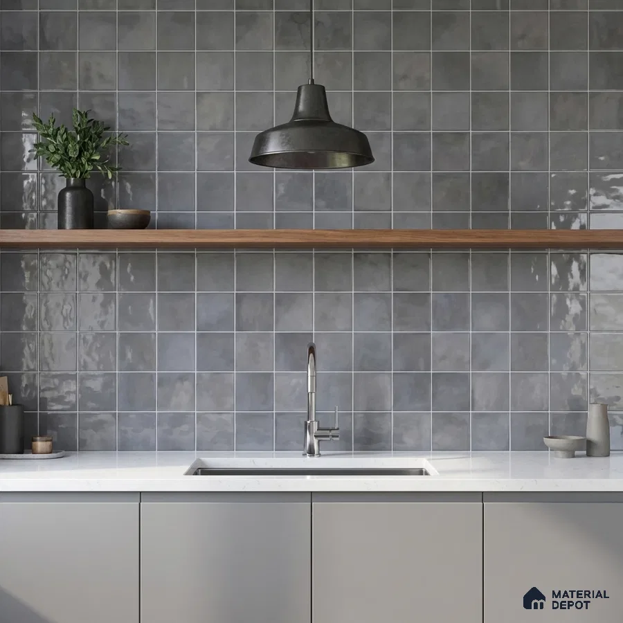 Minimalist kitchen with glossy grey square wall tiles, white quartz countertop, and matte grey laminate cabinets