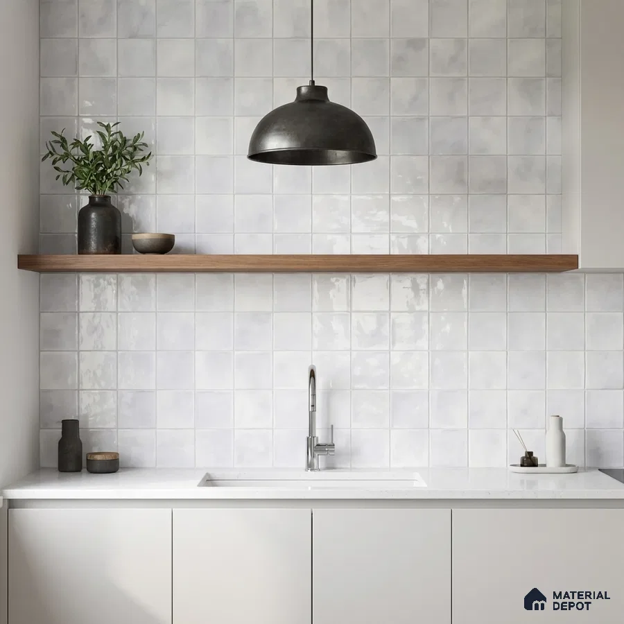 Minimalist kitchen with glossy white square wall tiles, white quartz countertop, and matte white laminate cabinets