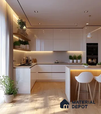 Minimalist kitchen with high gloss white laminate cabinets, white quartz countertop, and light oak wooden flooring in Bengaluru | Material Depot