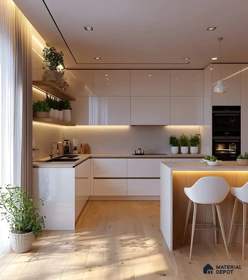 Minimalist kitchen with high gloss white laminate cabinets, white quartz countertop, and light oak wooden flooring in Bengaluru | Material Depot