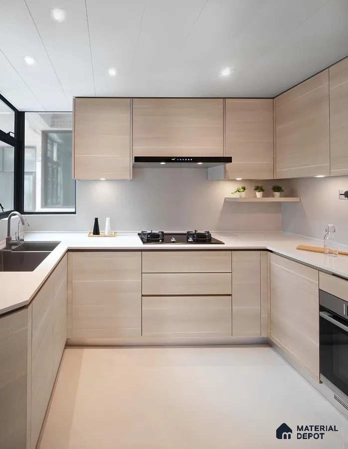 Minimalist kitchen with light beige wood laminate cabinets and white quartz countertop in Bengaluru | Material Depot