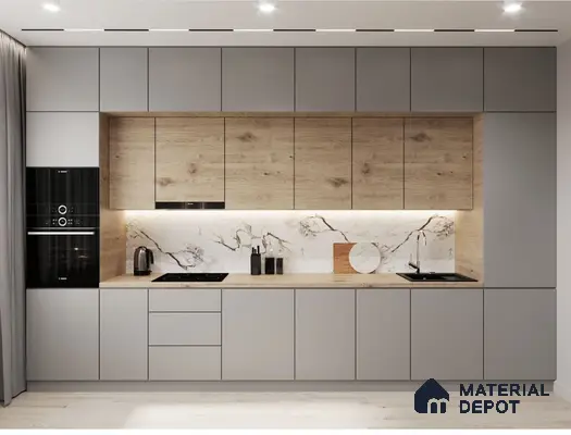 Minimalist kitchen with light grey matte laminate, natural oak wood laminate, and marble-look backsplash in Bengaluru | Material Depot