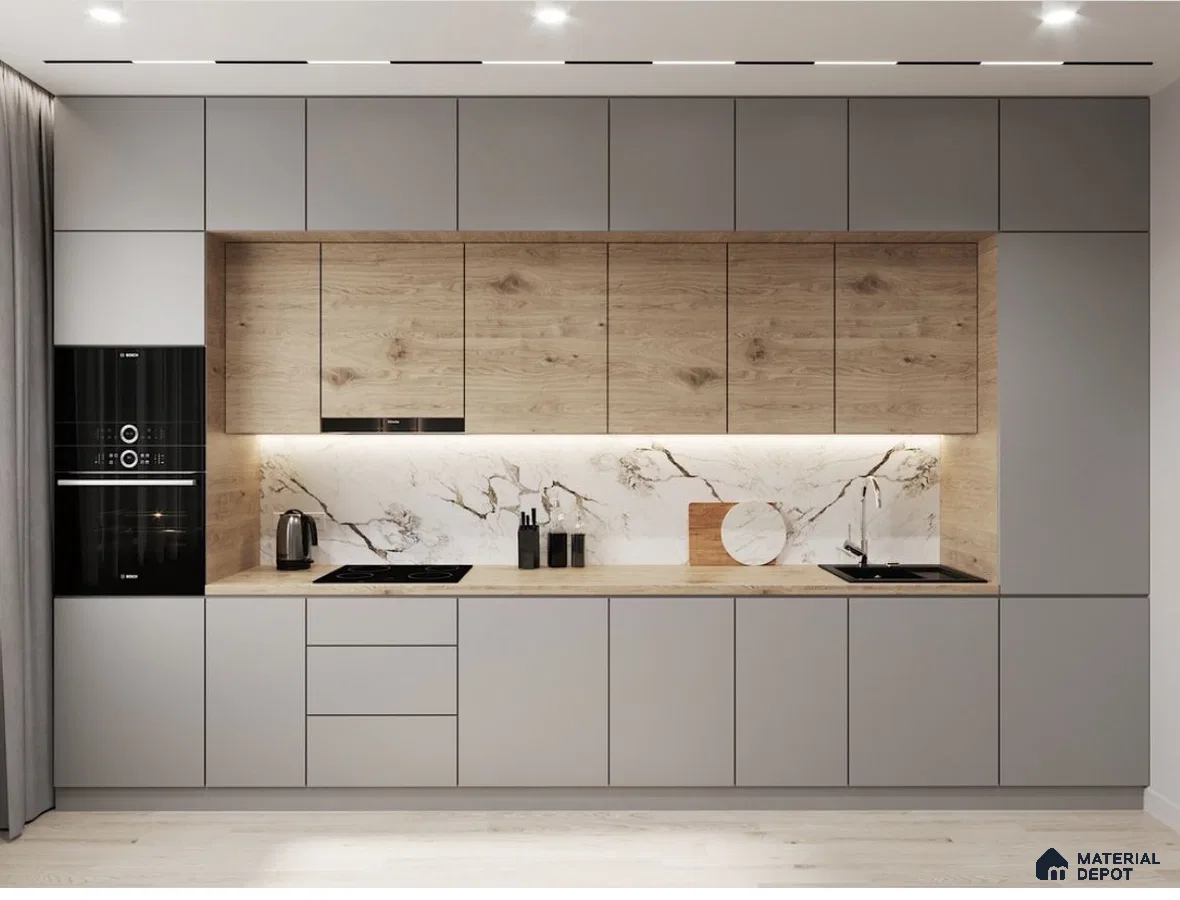 Minimalist kitchen with light grey matte laminate, natural oak wood laminate, and marble-look backsplash in Bengaluru | Material Depot