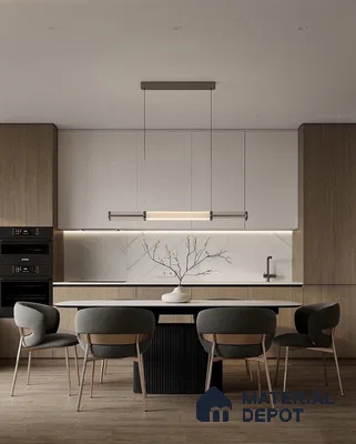 Minimalist kitchen with light oak laminate, white matte laminate, and marble backsplash in Bengaluru | Material Depot