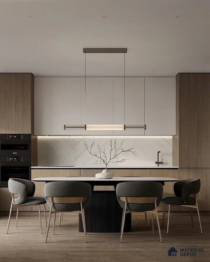 Minimalist kitchen with light oak laminate, white matte laminate, and marble backsplash in Bengaluru | Material Depot