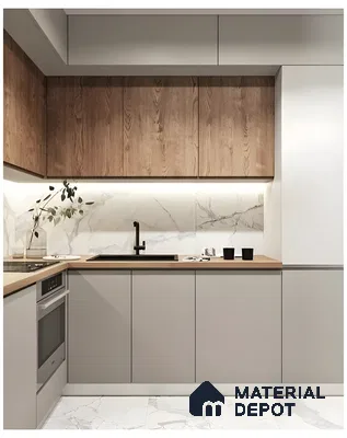 Minimalist Kitchen With Marble Backsplash And Two Tone Cabinets  | Material Depot