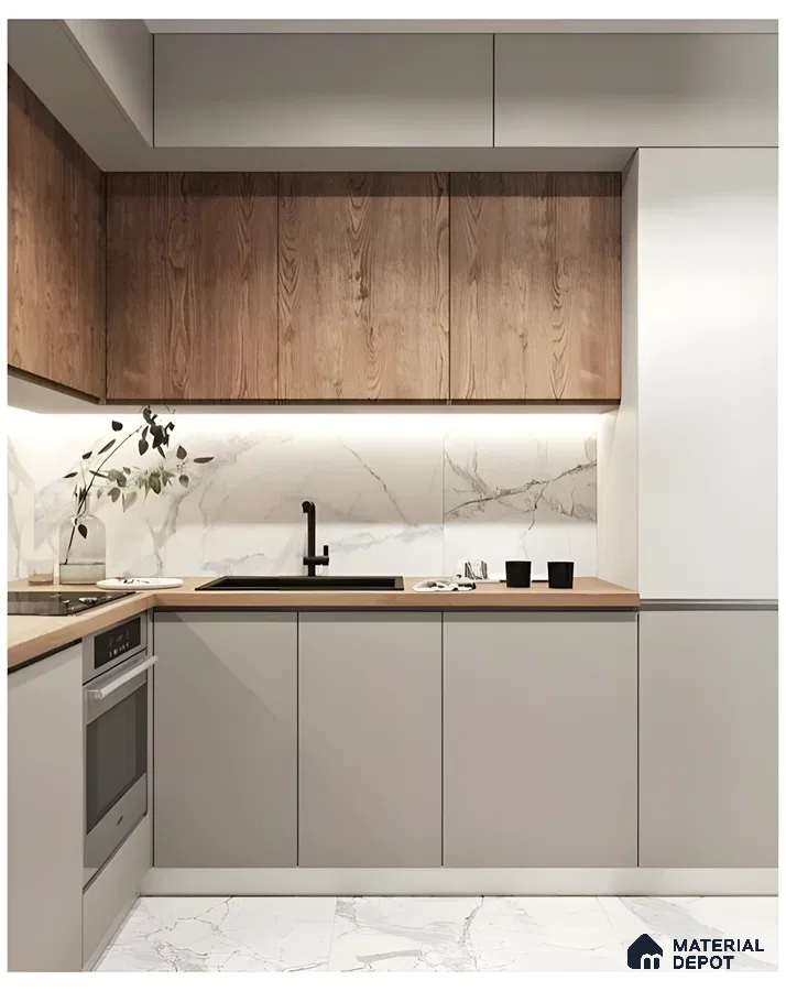 Minimalist Kitchen With Marble Backsplash And Two Tone Cabinets  | Material Depot