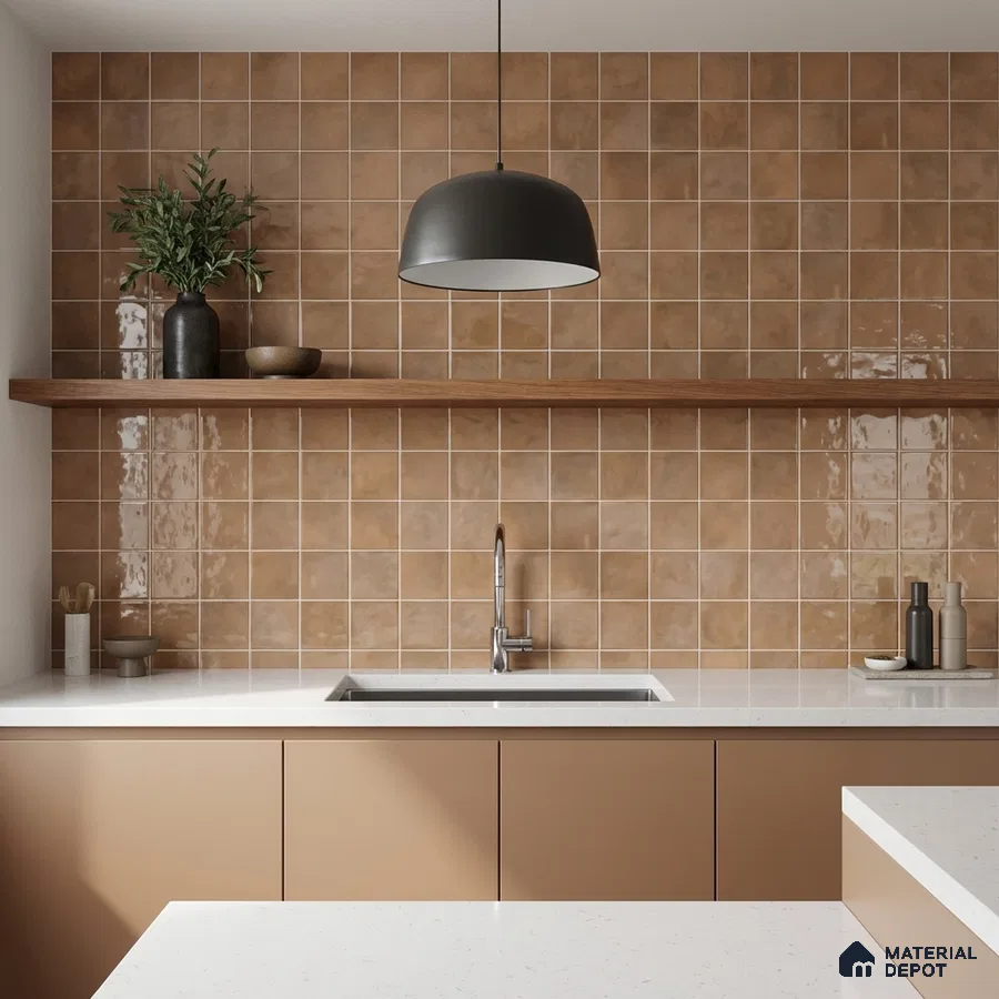 Minimalist kitchen with matte beige laminate cabinets, white quartz countertop, and warm beige square wall tiles