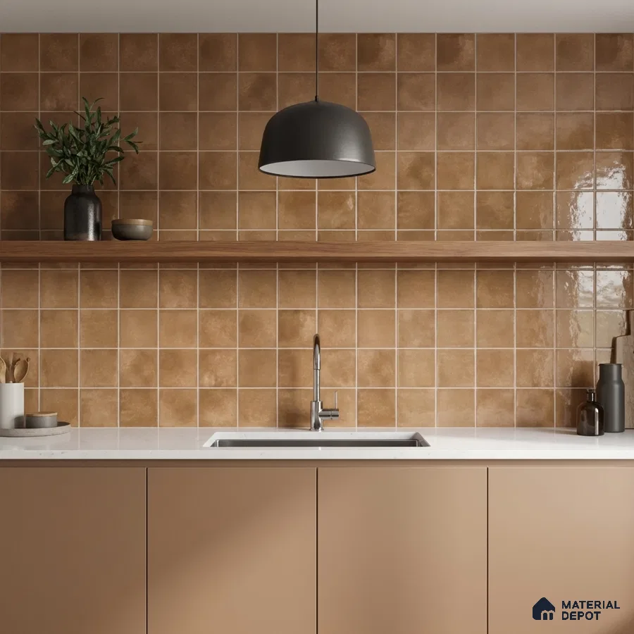 Minimalist kitchen with matte beige laminate cabinets, white quartz countertop, and warm brown square wall tiles