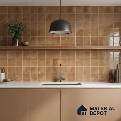 Minimalist kitchen with matte beige laminate cabinets, white quartz countertop, and warm brown square wall tiles