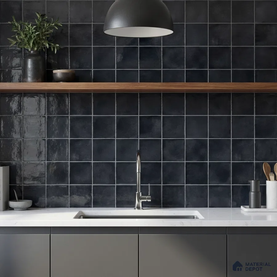 Minimalist kitchen with matte black square wall tiles and white quartz countertop