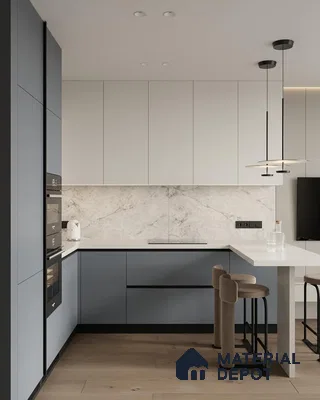 Minimalist kitchen with matte blue and white laminate, marble-look backsplash, and light oak wooden flooring in Bengaluru | Material Depot