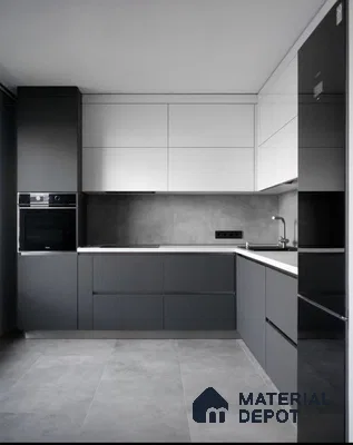 Minimalist kitchen with matte grey and white laminate, grey stone backsplash, and large format grey floor tiles in Bengaluru | Material Depot