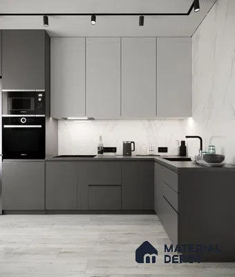 Minimalist kitchen with matte grey and white laminate, marble-look backsplash, and light wood floor tile in Bengaluru | Material Depot