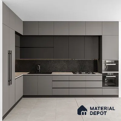 Minimalist kitchen with matte grey laminate cabinets, black stone backsplash, and light grey floor tiles in Bengaluru | Material Depot