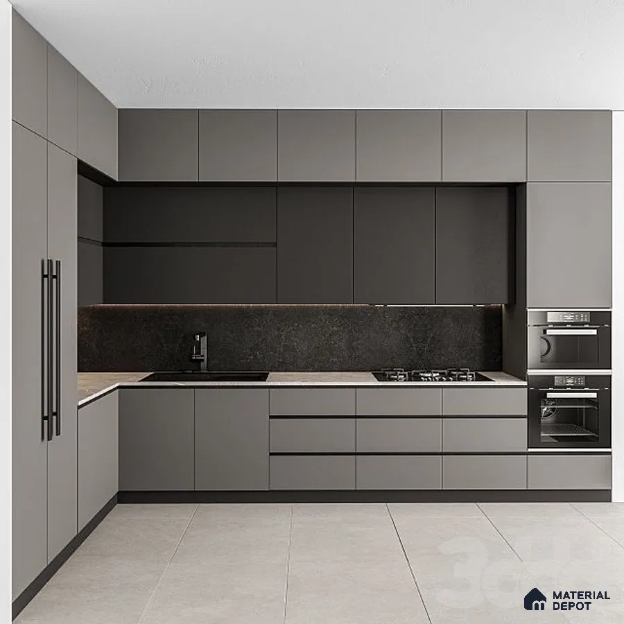 Minimalist kitchen with matte grey laminate cabinets, black stone backsplash, and light grey floor tiles in Bengaluru | Material Depot
