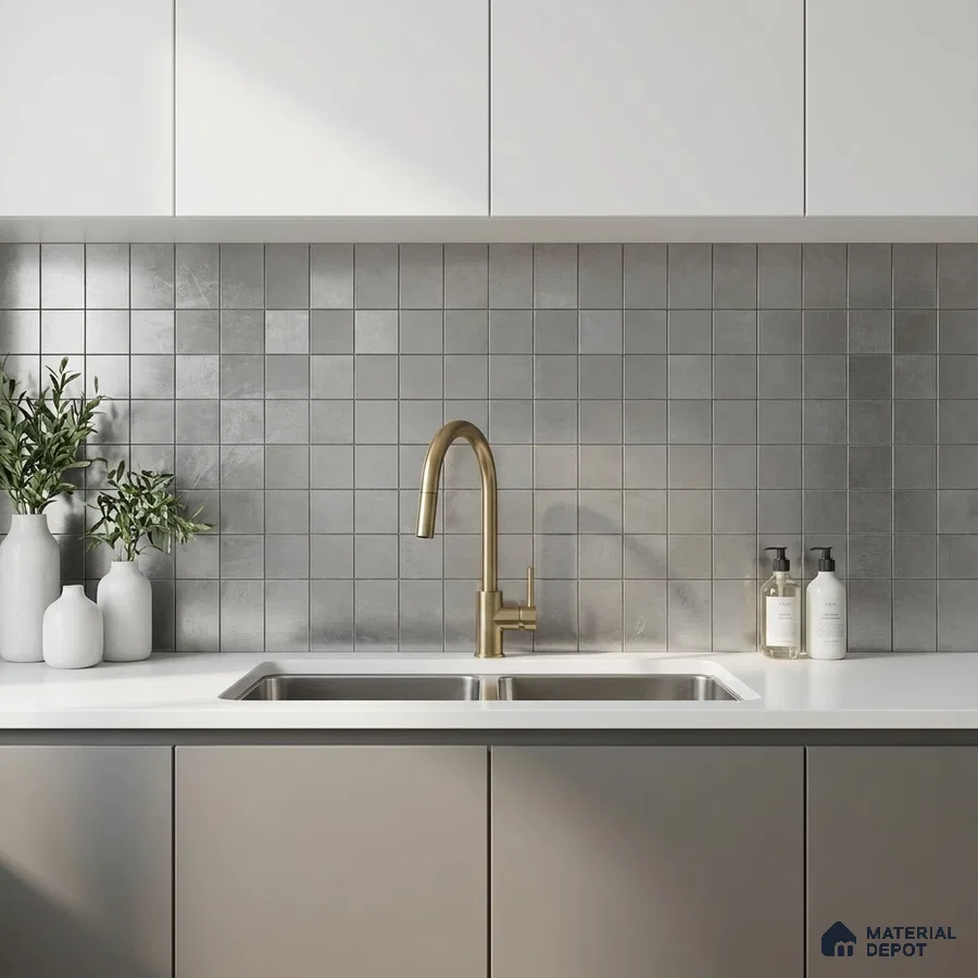 Minimalist kitchen with matte grey square backsplash tiles and white quartz countertop