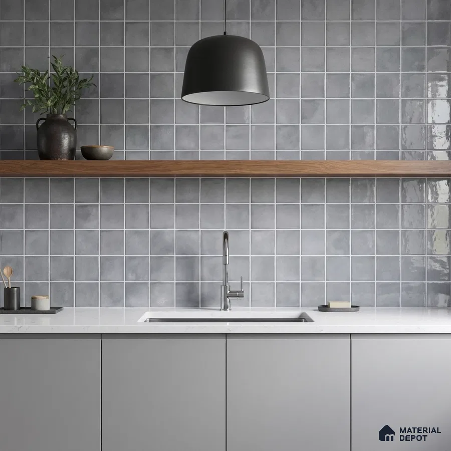 Minimalist kitchen with matte grey square wall tiles, white quartz countertop, and light grey laminate cabinets