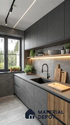 Minimalist kitchen with matte grey stone-look laminate, natural oak wood laminate, and large format grey floor tiles in Bengaluru | Material Depot