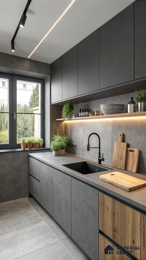 Minimalist kitchen with matte grey stone-look laminate, natural oak wood laminate, and large format grey floor tiles in Bengaluru | Material Depot