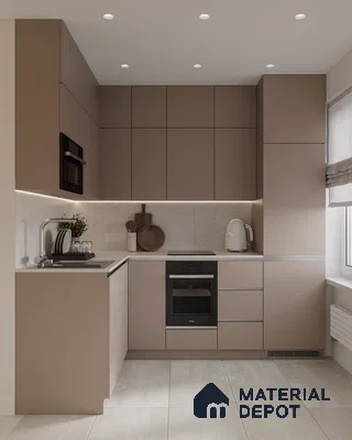 Minimalist kitchen with matte taupe laminate cabinets and light beige quartz countertop in Bengaluru | Material Depot
