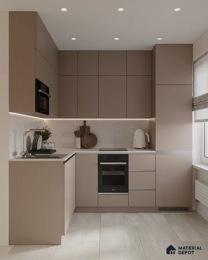 Minimalist kitchen with matte taupe laminate cabinets and light beige quartz countertop in Bengaluru | Material Depot