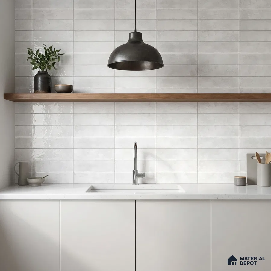 Minimalist kitchen with matte white laminate cabinets, white subway wall tiles, and white quartz countertop