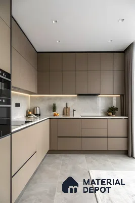 Minimalist Kitchen With Mocha Matte Acrylic Cabinets, Stone Backsplash & Seamless Integrated Finishes | Material Depot