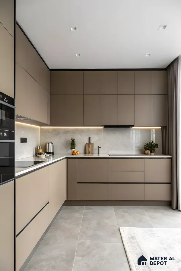 Minimalist Kitchen With Mocha Matte Acrylic Cabinets, Stone Backsplash & Seamless Integrated Finishes | Material Depot