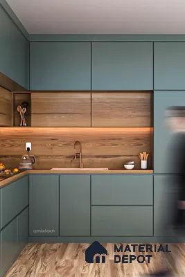 Minimalist Kitchen with Muted Blue and Wooden Accents | Material Depot