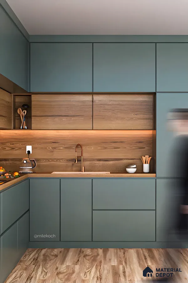 Minimalist Kitchen with Muted Blue and Wooden Accents | Material Depot