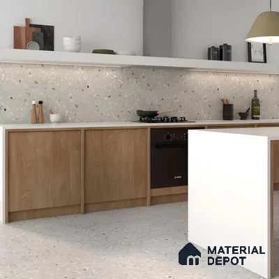 Minimalist Kitchen With Oak-Finish Cabinets And Hex Terrazzo Elegance | Material Depot