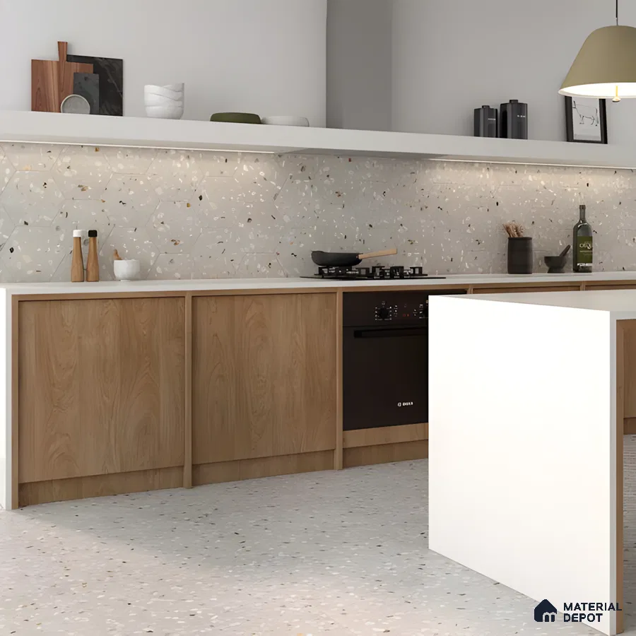 Minimalist Kitchen With Oak-Finish Cabinets And Hex Terrazzo Elegance | Material Depot
