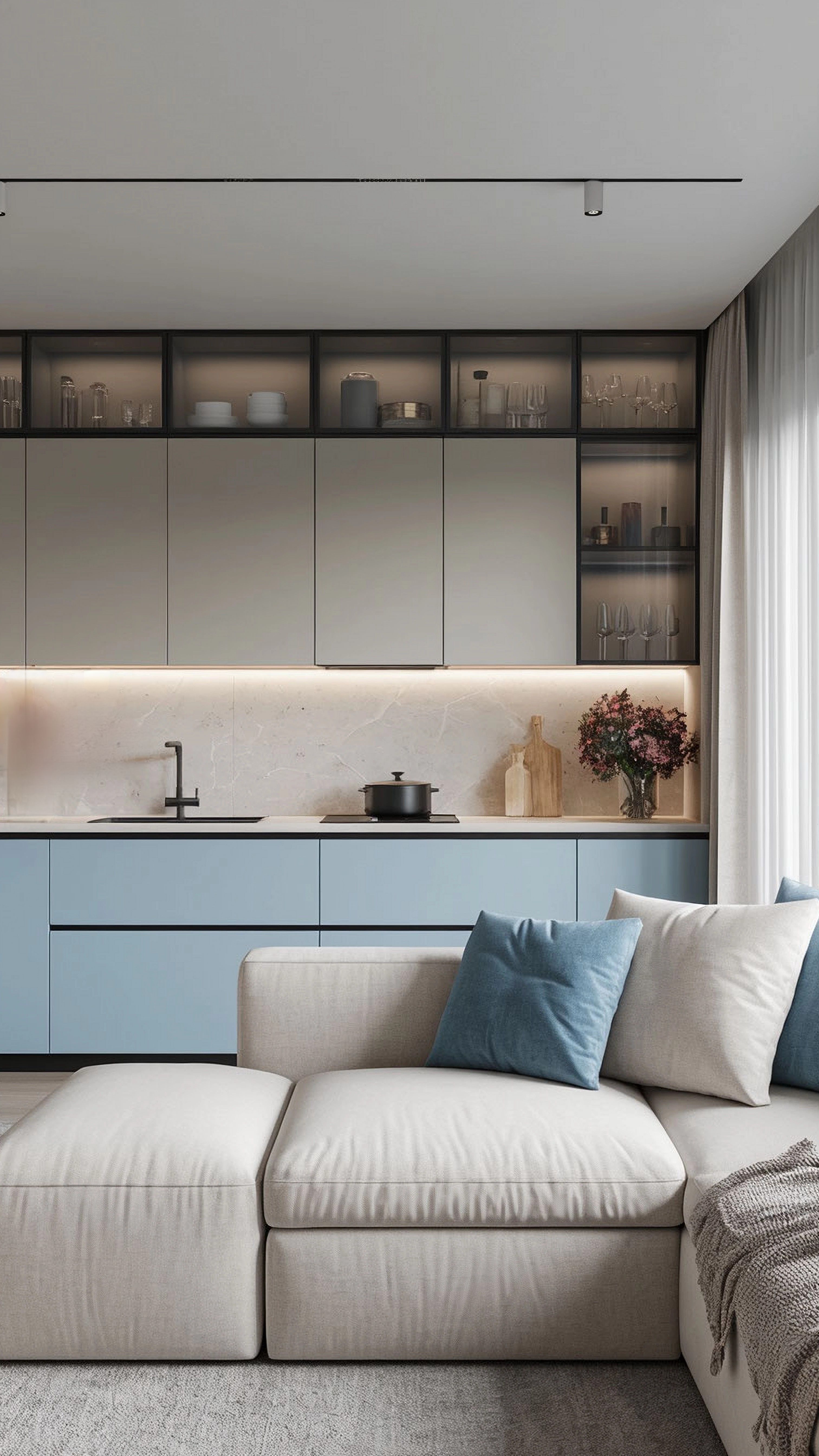 Minimalist kitchen with pastel blue and frosty white laminate, marble backsplash, and open shelving in Bengaluru | Material Depot