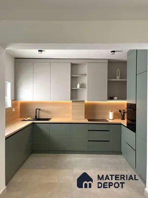 Minimalist kitchen with sage green and frosty white laminate, light wood backsplash, and beige floor tile in Bengaluru | Material Depot