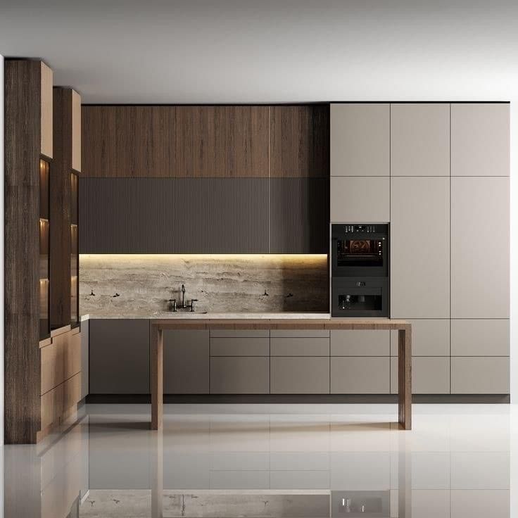 Minimalist kitchen with taupe matte laminate, fluted wood panels, and stone backsplash in Bengaluru | Material Depot