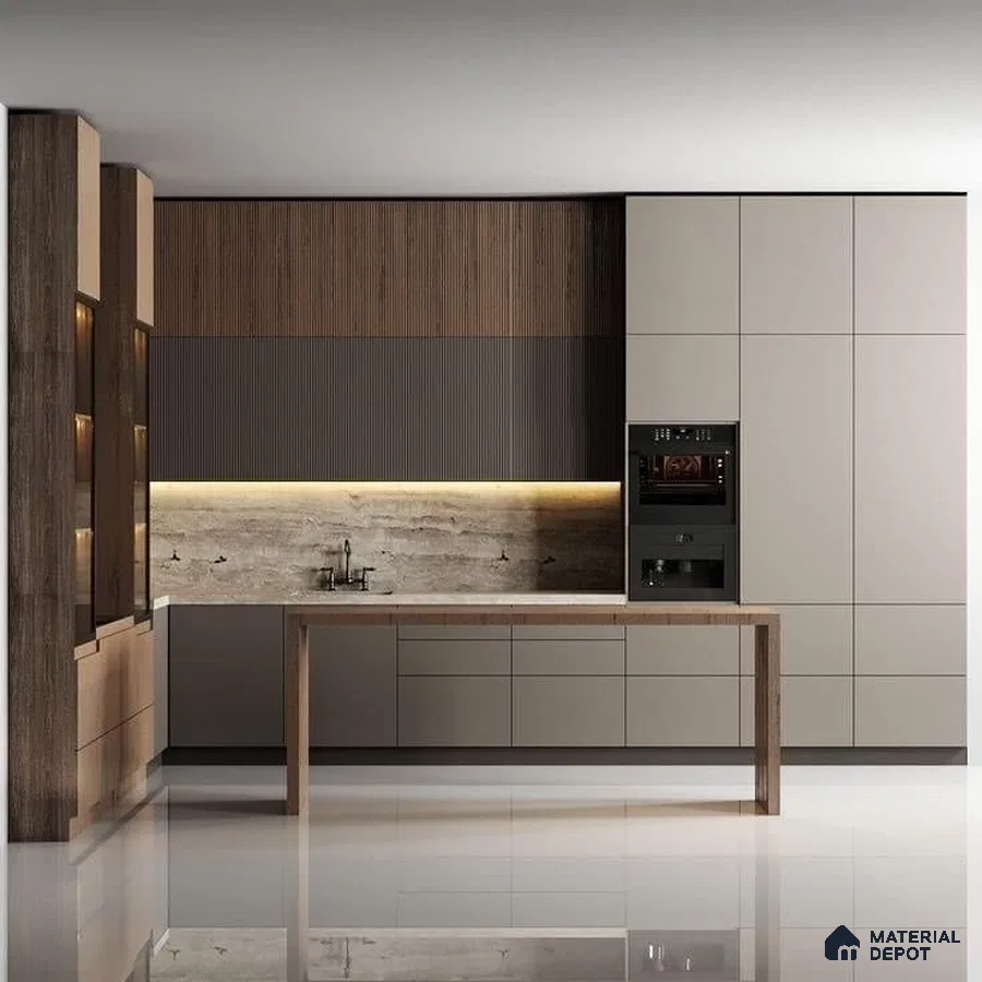 Minimalist kitchen with taupe matte laminate, fluted wood panels, and stone backsplash in Bengaluru | Material Depot