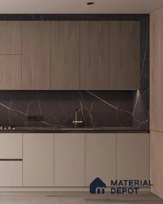 Minimalist kitchen with taupe matte laminate, oak wood laminate, and black marble backsplash in Bengaluru | Material Depot