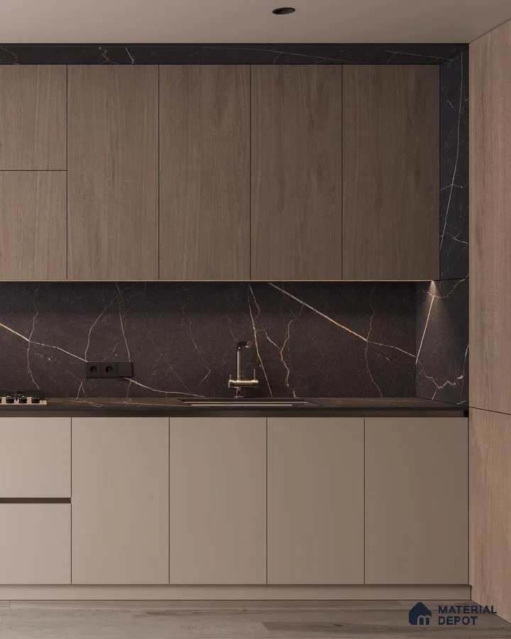 Minimalist kitchen with taupe matte laminate, oak wood laminate, and black marble backsplash in Bengaluru | Material Depot