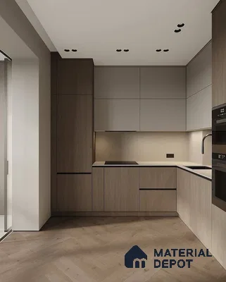 Minimalist kitchen with taupe wood laminate cabinets, matte beige laminate, and herringbone wood flooring in Bengaluru | Material Depot