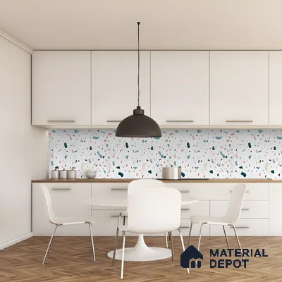 Minimalist Kitchen With Terrazzo Backsplash And White Cabinets | Material Depot