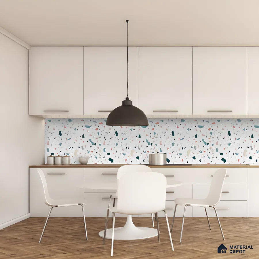 Minimalist Kitchen With Terrazzo Backsplash And White Cabinets | Material Depot