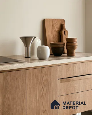 Minimalist Kitchen with Warm Wood Tones and Concrete Countertops | Material Depot